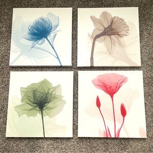 Set of 4 wooden framed canvas floral prints. Each print 12x12